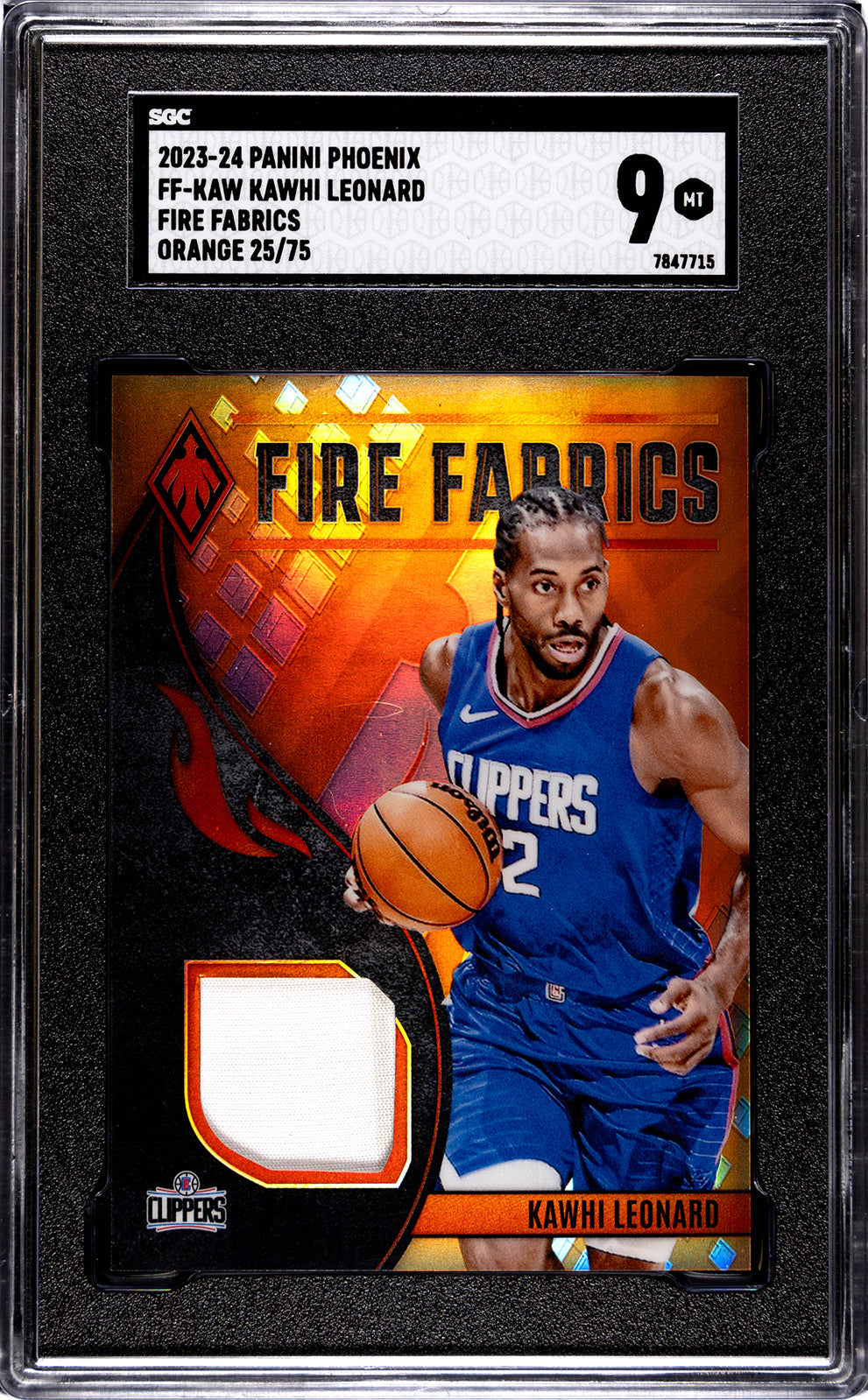 leonard_kawhi_2023-24_panini_phoenix_ff-kaw_kawhi_leonard_fire_fabrics_orange_25-75_sgc-grade-9_auth-7847715