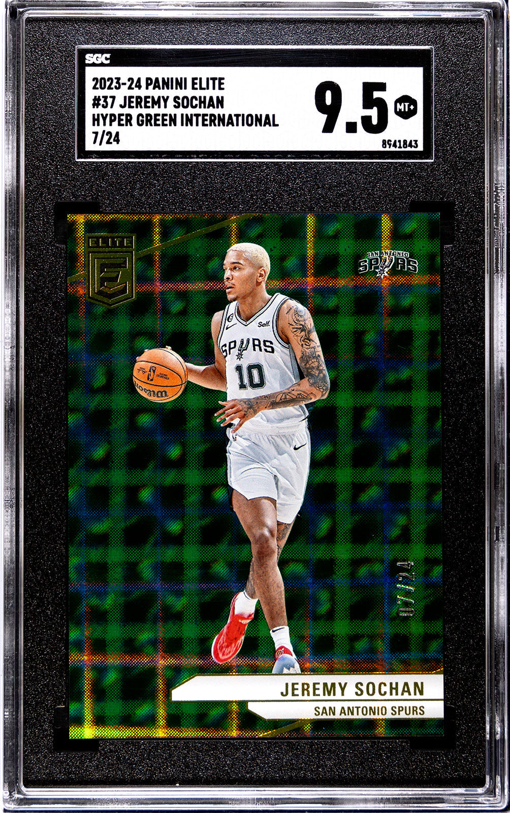 2023-24 Jeremy Sochan Panini_Elite_37_Jeremy_Sochan_Hyper_Green_International_7 24 SGC 9.55