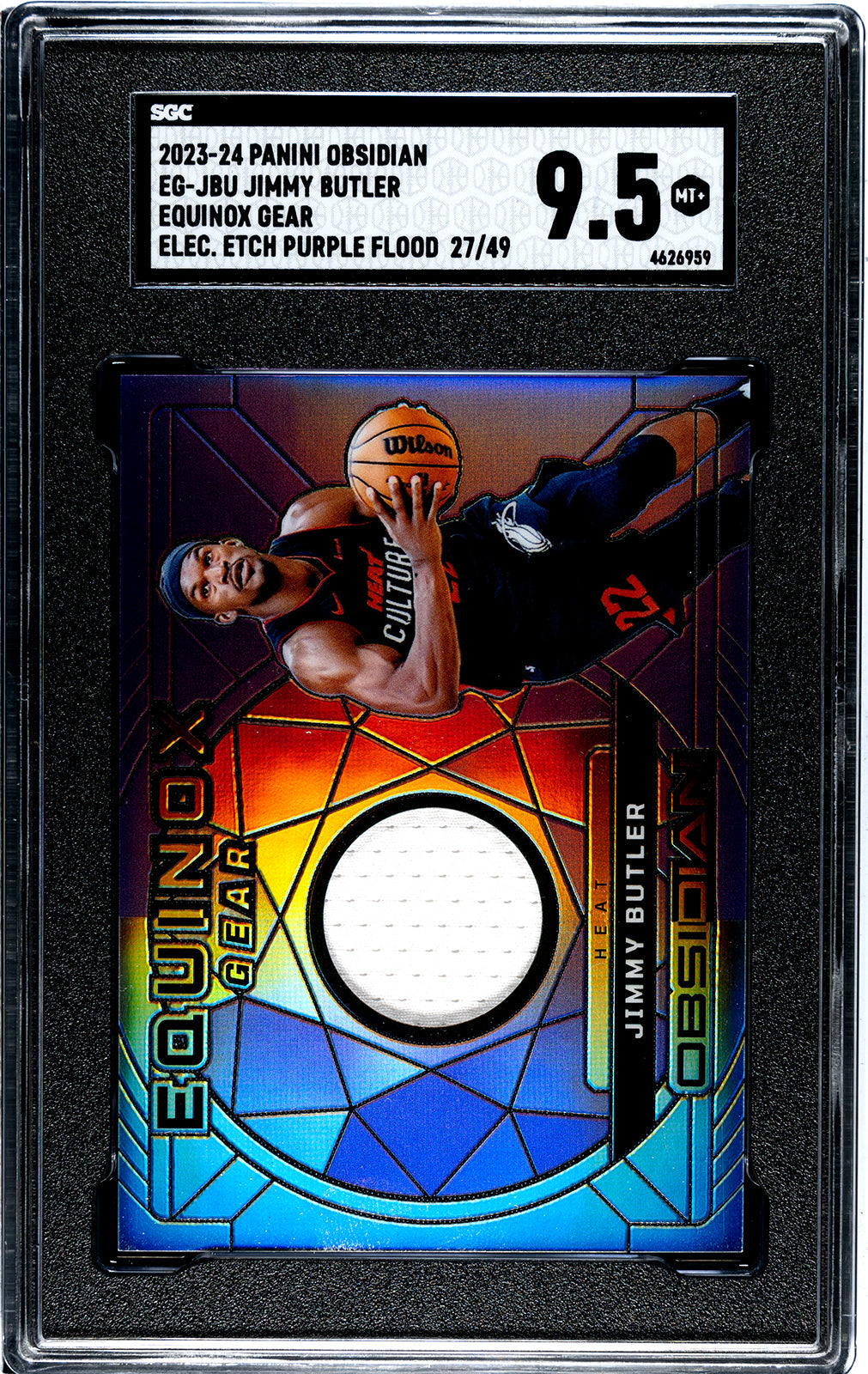 2023-24 Jimmy Butler Panini Obsidian EG-JBU Jimmy Butler Equinox Gear Elec Etch Purple Flood SGC 9.55