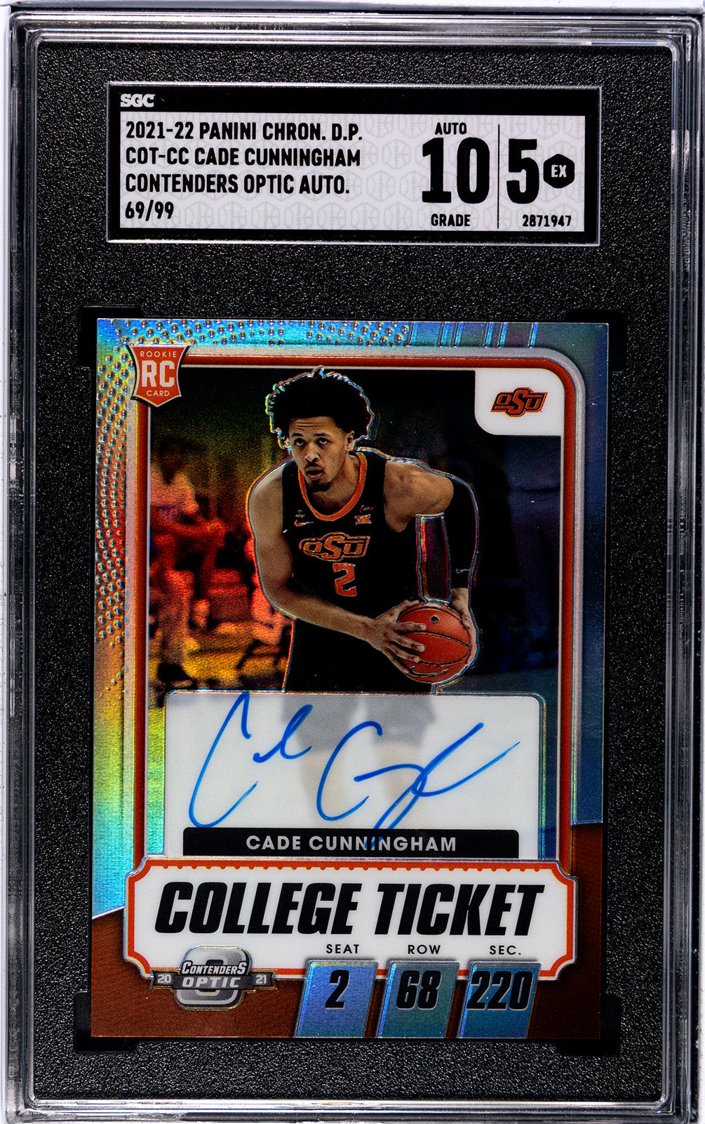 2021-22 Cade Cunningham Panini Chronicles Draft Picks COT-CC Cade Cunningham Contenders Optic Auto SGC 5-Authenticuto-10