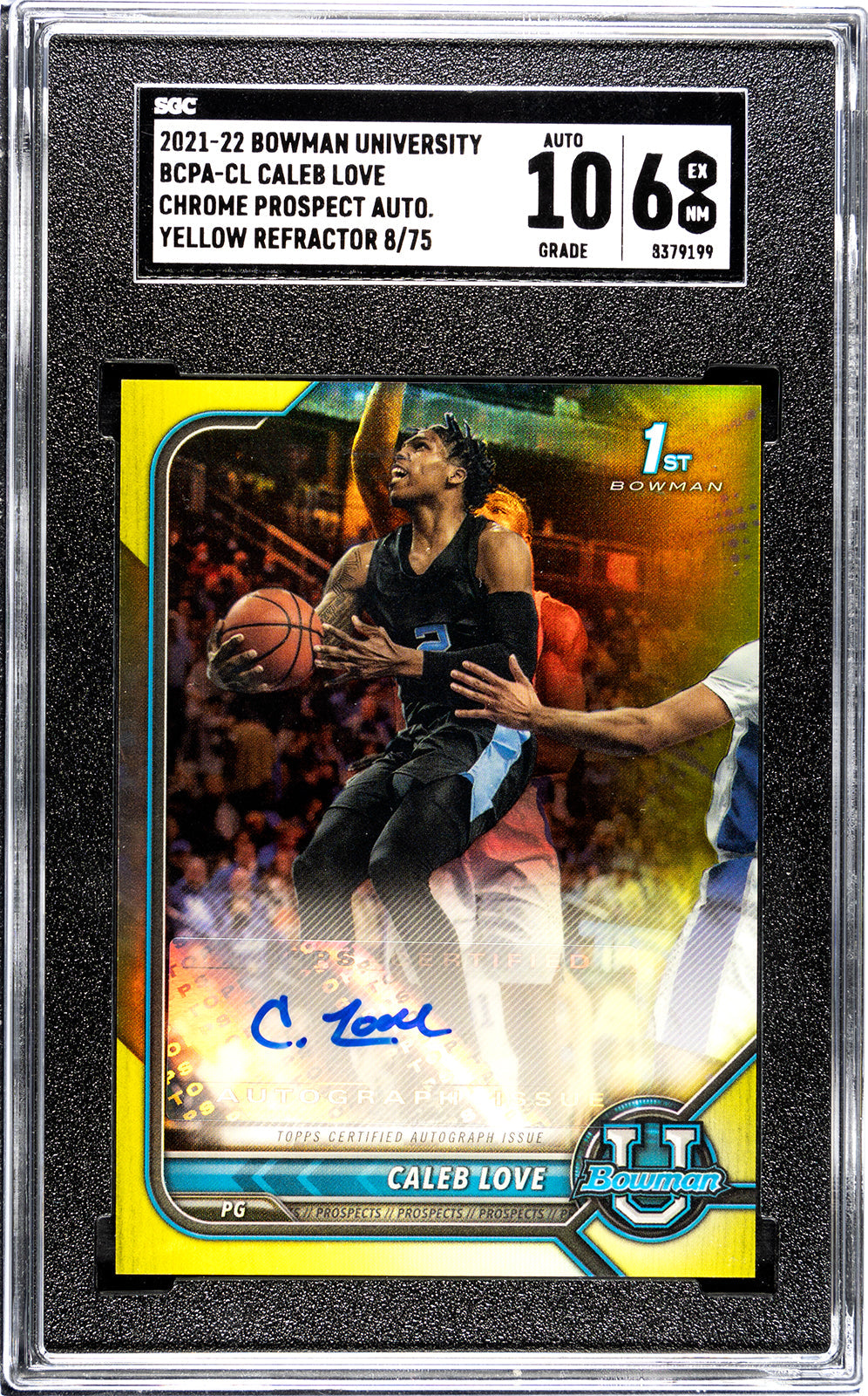 love_caleb_2021-22_bowman_university_bcpa-cl_caleb_love_chrome_prospect_auto_yellow_refractor_8-75_sgc-grade-6-auto-10_auth-8379199