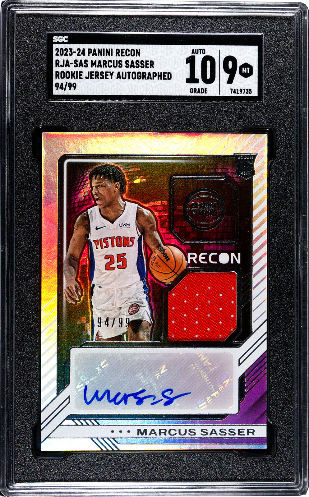 sasser_marcus_2023-24_panini_recon_rja-sas_marcus_sasser_rookie_jersey_autographed_94-99_sgc-grade-9-auto-10_auth-7419735